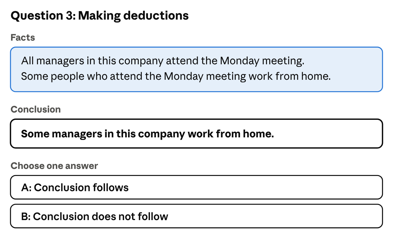 Making deductions. Facts: ‘All managers in this company attend the Monday meeting. Some people who attend the Monday meeting work from home.’ Conclusion: ‘Some managers in this company work from home.’ Choose one answer: A, Conclusion follows; or B, Conclusion does not follow.