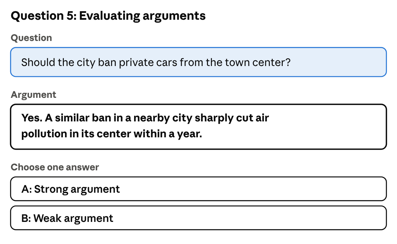 Evaluating arguments. Question: ‘Should the city ban private cars from the town center?’ Argument: ‘Yes. A similar ban in a nearby city sharply cut air pollution in its center within a year.’ Choose one answer: A, Strong argument; or B, Weak argument.